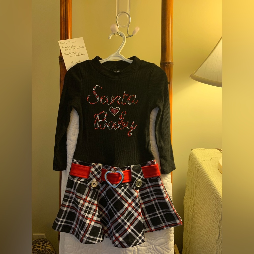 Girls - Zunie - Black & Plaid Dress w/ Red Belt and “Santa Baby” in Rhinestones